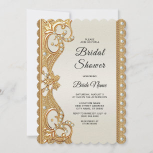 Gold Ornate White Pearls Bridal Shower Invitation