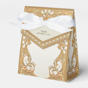 Gold Ornate White Pearls Favor Box