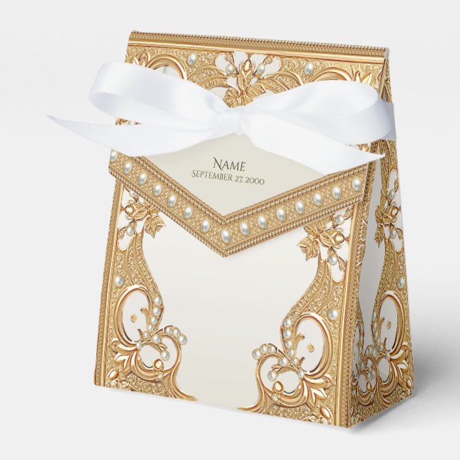 Gold Ornate White Pearls Favor Box (Front Side)