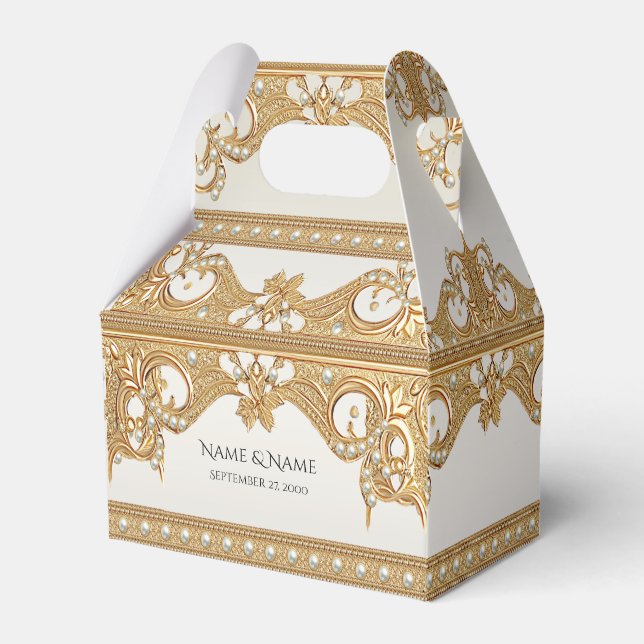 Gold Ornate White Pearls Favor Box (Front Side)