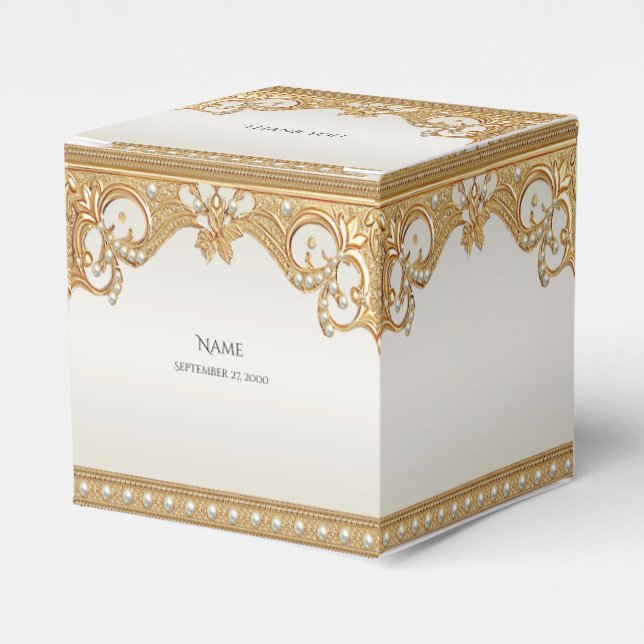 Gold Ornate White Pearls Favor Box (Front Side)
