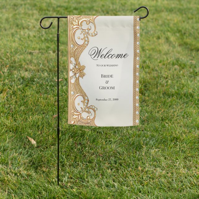 Gold Ornate White Pearls Garden Flag (In SItu)