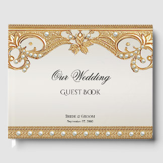 Gold Ornate White Pearls Guest Book