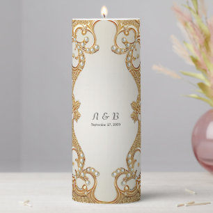 Gold Ornate White Pearls Pillar Candle