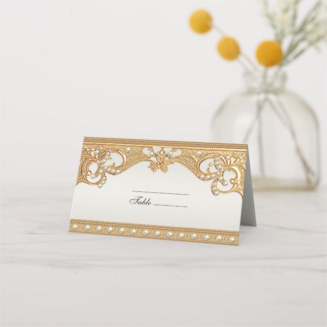 Gold Ornate White Pearls Place Card (Front)