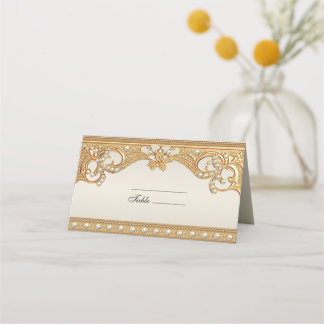 Gold Ornate White Pearls Place Card