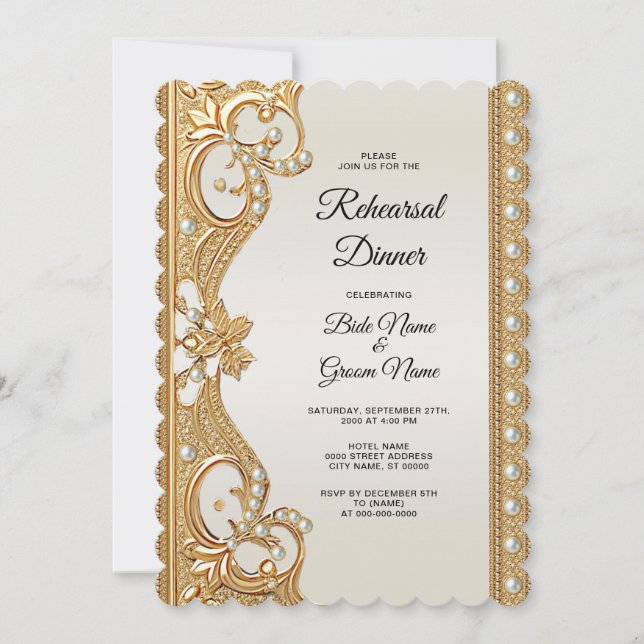 Gold Ornate White Pearls Rehearsal Dinner Invitation (Front)