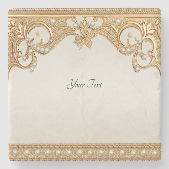 Gold Ornate White Pearls Stone Coaster (Front)
