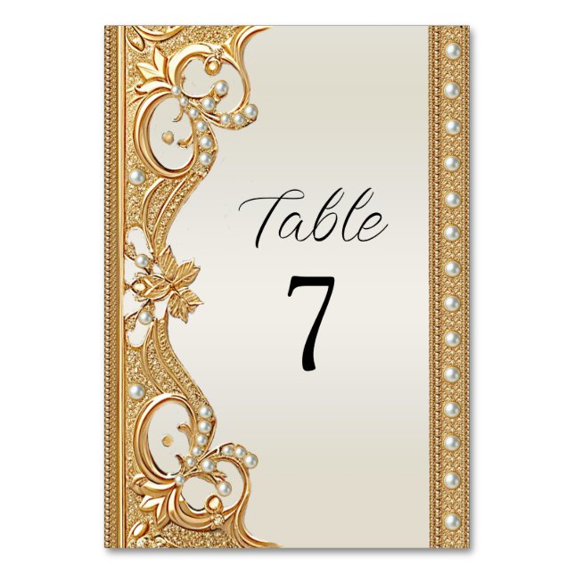 Gold Ornate White Pearls Table Number (Front)