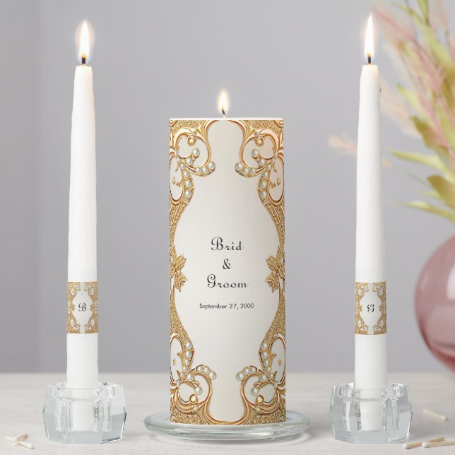 Gold Ornate White Pearls Unity Candle Set (In Situ)