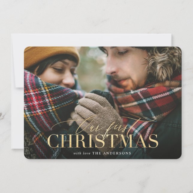 Gold our first christmas red plaid photo card (Front)