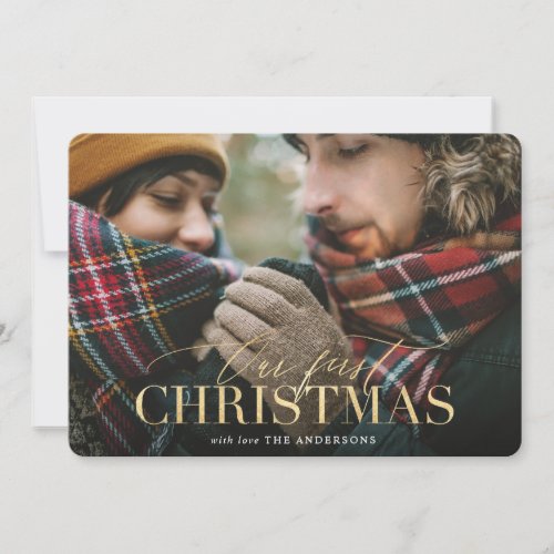Gold our first christmas red plaid photo card