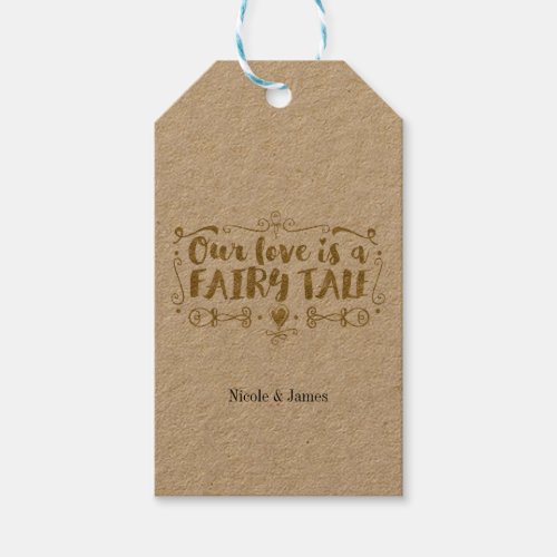 Gold OUR LOVE IS A FAIRY TALE Custom Wedding Favor Gift Tags