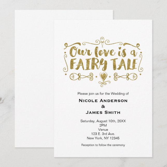 Gold OUR LOVE IS A FAIRY TALE Wedding Invitation (Front/Back)
