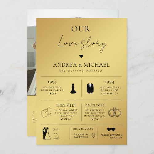 Gold Our Love Story Infographic Photo Wedding Invitation