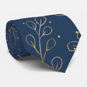 Gold Outline Eucalyptus Navy Blue Elegant Wedding Neck Tie