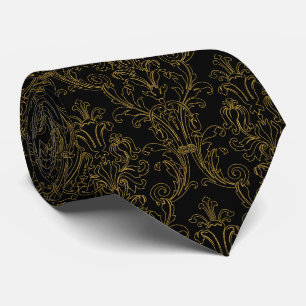Gold Outline Floral Damask Formal Black Neck Tie