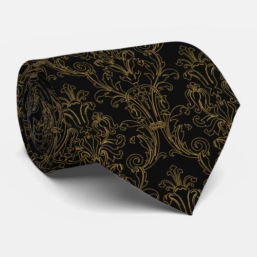 Gold Outline Floral Damask Formal Black Neck Tie