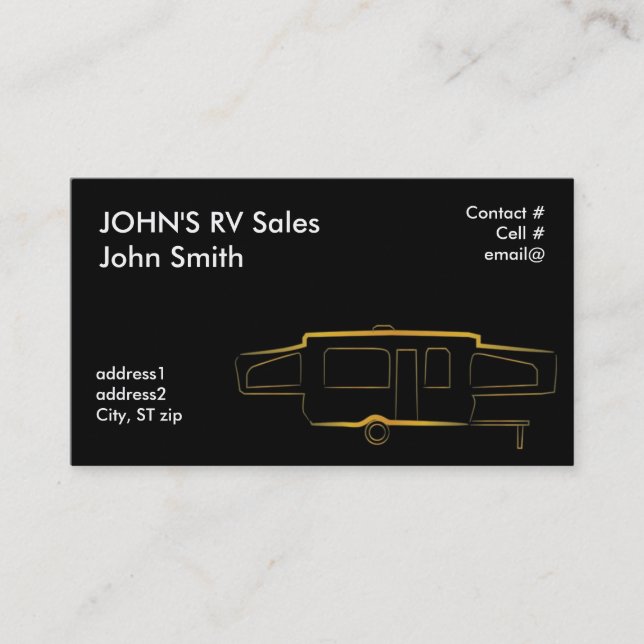 Gold outline pop up tent trailer business card (Front)