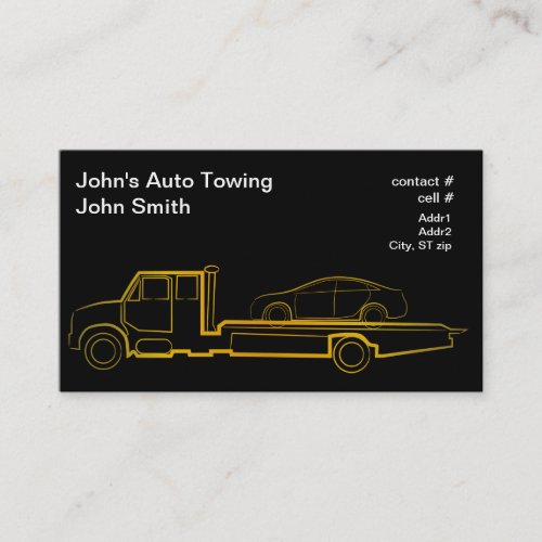 Gold outline rollback wrecker with sedan business card
