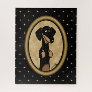 Gold Oval Dachshund Cartoon Portrait (black & tan) Jigsaw Puzzle