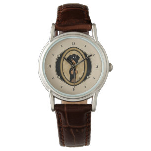 Gold Oval Dachshund Cartoon Portrait (black & tan) Watch