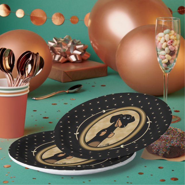 Gold Oval Dachshund Portrait (black & tan) Cute Paper Plates (Multi)