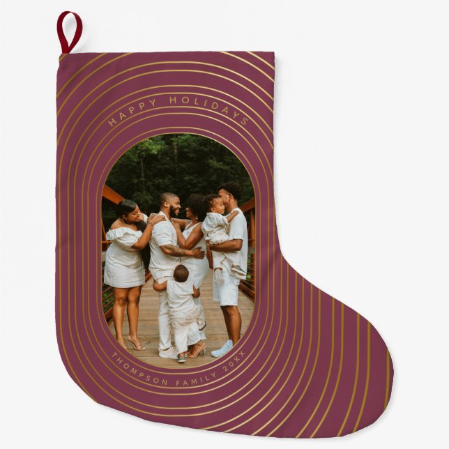 Gold Oval Frame Custom Photo Family Christmas  Large Christmas Stocking (Front)