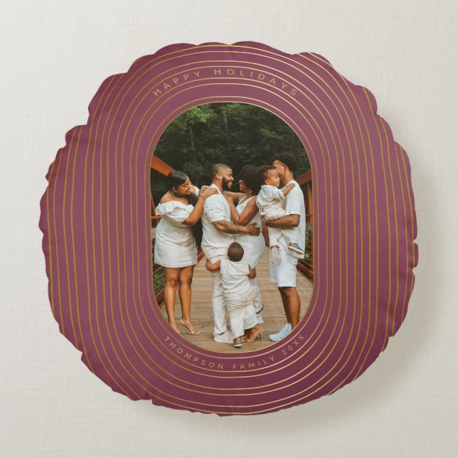 Gold Oval Frame Custom Photo Family Christmas  Round Pillow (Front)