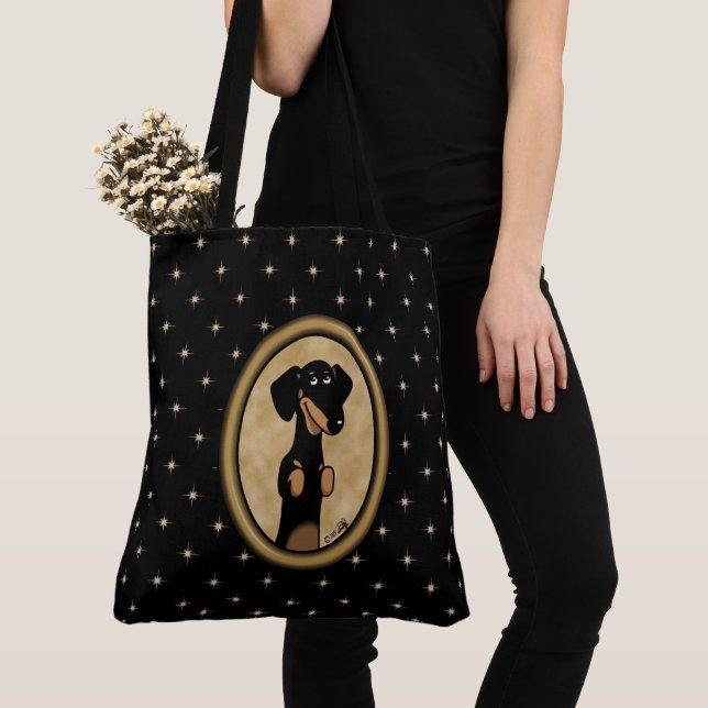 Gold Oval Frame Dachshund Portrait (black & tan) Tote Bag (Close Up)