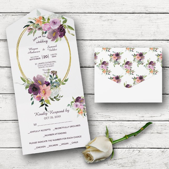 Gold Oval Frame Purple Pink Floral Wedding All In One Invitation (Creator Uploaded)