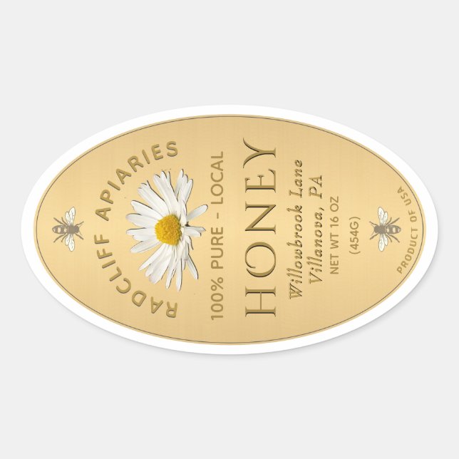 Gold oval honey label with heraldic bees, daisy (Front)