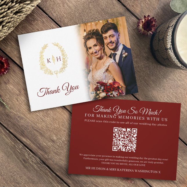 Gold oval leaves burgundy wedding photo QR Code Thank You Card (Creator Uploaded)