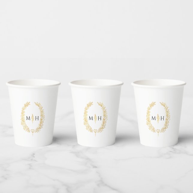 Gold oval leaves wreath art on white wedding  paper cups (Multi)