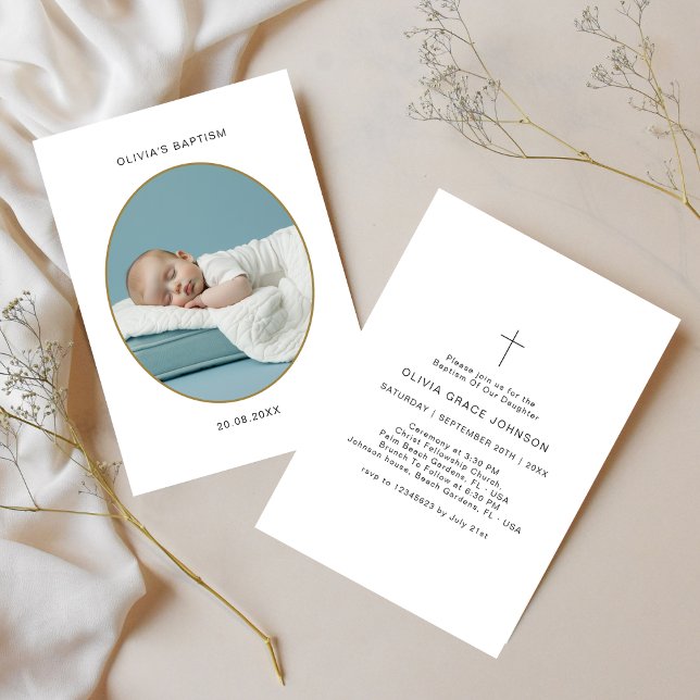 Gold Oval Photo Black & White Infant Baptism Invitation (Creator Uploaded)