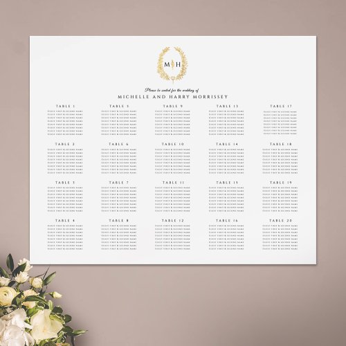Gold oval wreath wedding 20 table seating chart