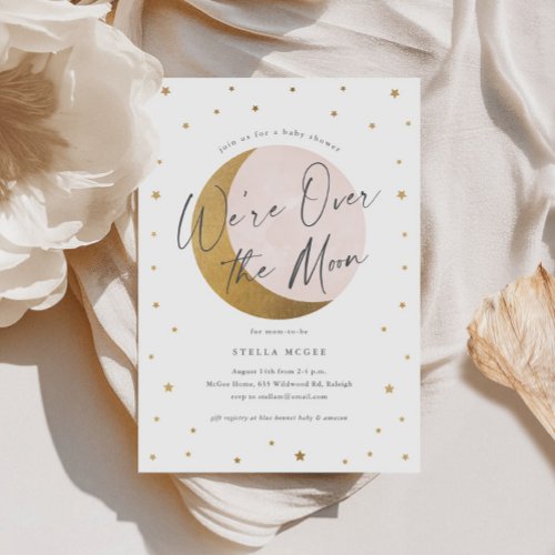 Gold Over the  Moon Script Girls Baby Shower Invitation