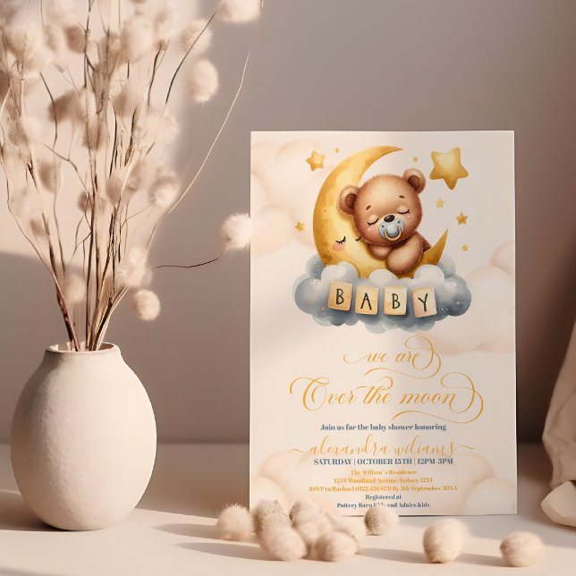 Gold Over the Moon Teddy Bear Baby Shower Invitation (Creator Uploaded)