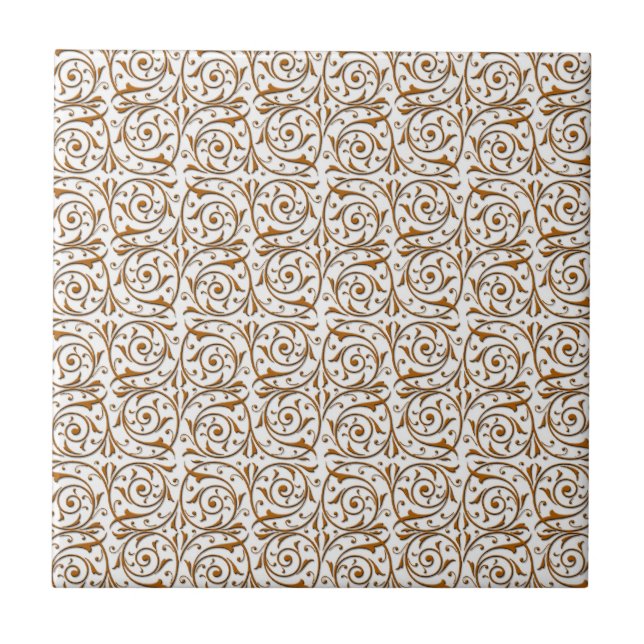 Gold over White Swirling Vines Pattern Tile (Front)