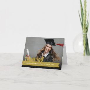 Gold Overlay Ribbon Graduation Cap Modern Photo Thank You Card