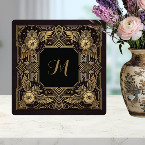 Gold Owl Compass Monogram Art Deco Ceramic Tile
