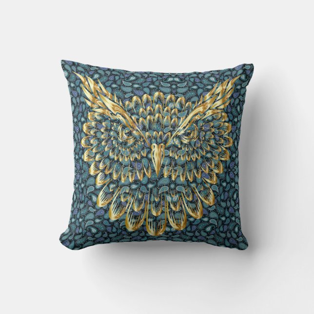 Gold Owl Face on Colorful Paisley  Throw Pillow (Front)
