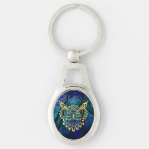 Gold Owl Face on forest at night Keychain