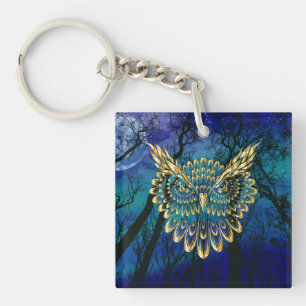 Gold Owl Face on forest at night  Keychain
