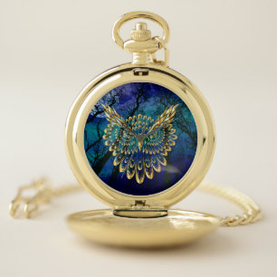 Gold Owl Face on forest at night  Pocket Watch