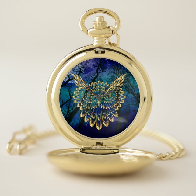 Gold Owl Face on forest at night  Pocket Watch (Inside)