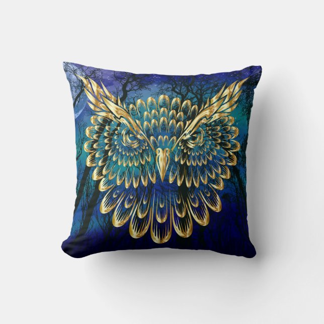 Gold Owl Face on forest at night Throw Pillow (Front)