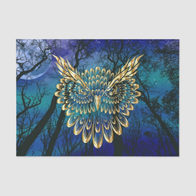 Gold Owl Face on forest at night  Tissue Paper (Front)