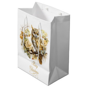 Gold Owl On A Branch Christmas Medium Gift Bag