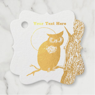 Gold Owl Sitting in Tree Full Moon Big Eyes Foil Favor Tags
